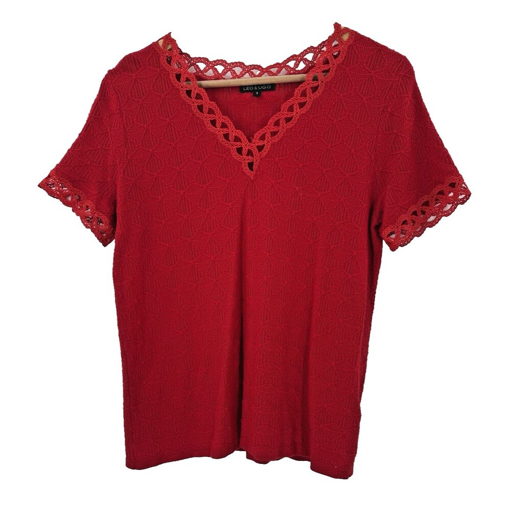 LEO & UGO Ladies Red V-Neck  Lace Trim Short Sleeve Blouse Size 3 France (6) US